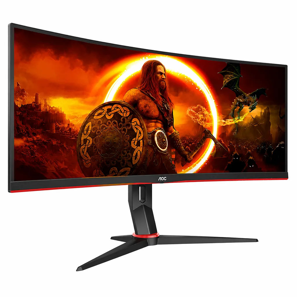 Front right angled view of AOC CU34G2XP curved gaming monitor featuring 180Hz refresh rate and immersive ultrawide display.