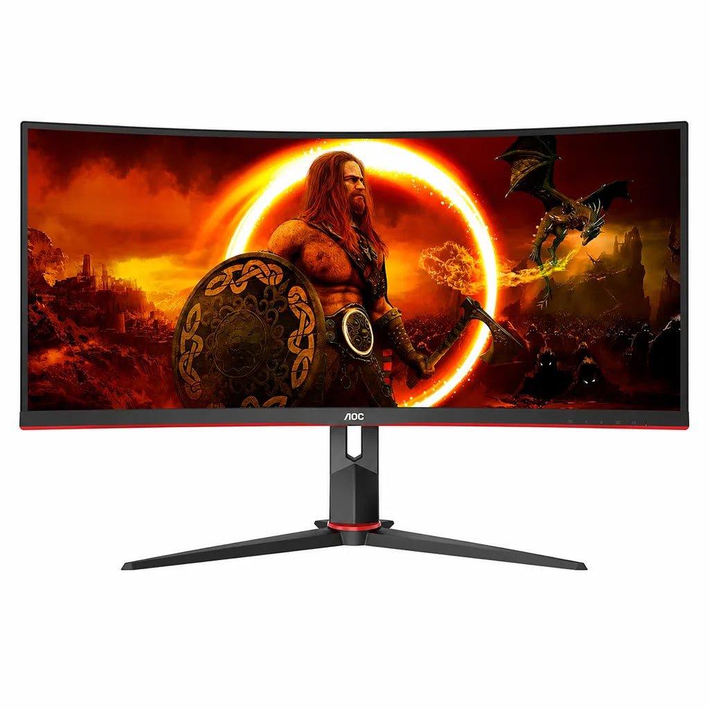 Front view of AOC CU34G2XP 34-inch WQHD curved gaming monitor with 180Hz refresh rate, VA panel and ultrawide display.