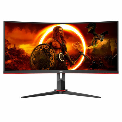 Front view of AOC CU34G2XP 34-inch WQHD curved gaming monitor with 180Hz refresh rate, VA panel and ultrawide display.