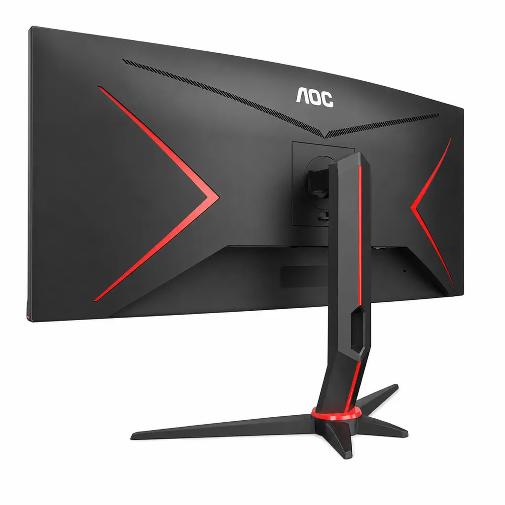 Left rear perspective of AOC CU34G2XP 34-inch WQHD curved gaming monitor with premium gaming design and adjustable stand.