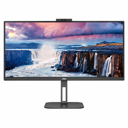 Front view of AOC CU34V5CW/BK 34-inch UltraWide curved WQHD USB-C monitor with integrated Windows Hello webcam, ergonomic stand and three-sided frameless VA display.
