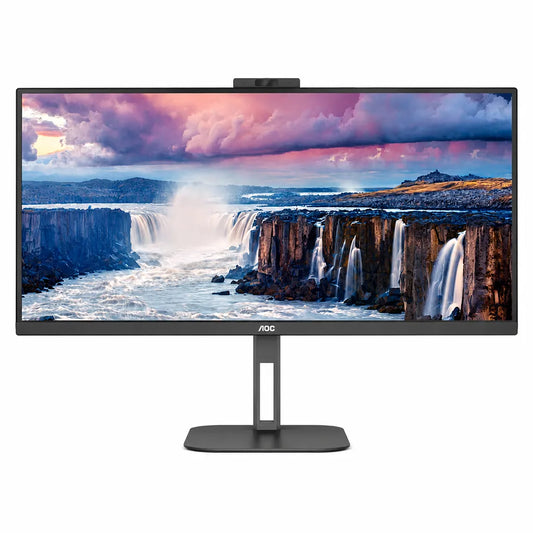 Front view of AOC CU34V5CW/BK 34-inch UltraWide curved WQHD USB-C monitor with integrated Windows Hello webcam, ergonomic stand and three-sided frameless VA display.