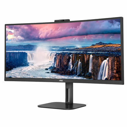 Front right perspective of AOC CU34V5CW/BK 34-inch UltraWide curved monitor with WQHD resolution, USB-C connectivity and built-in webcam.