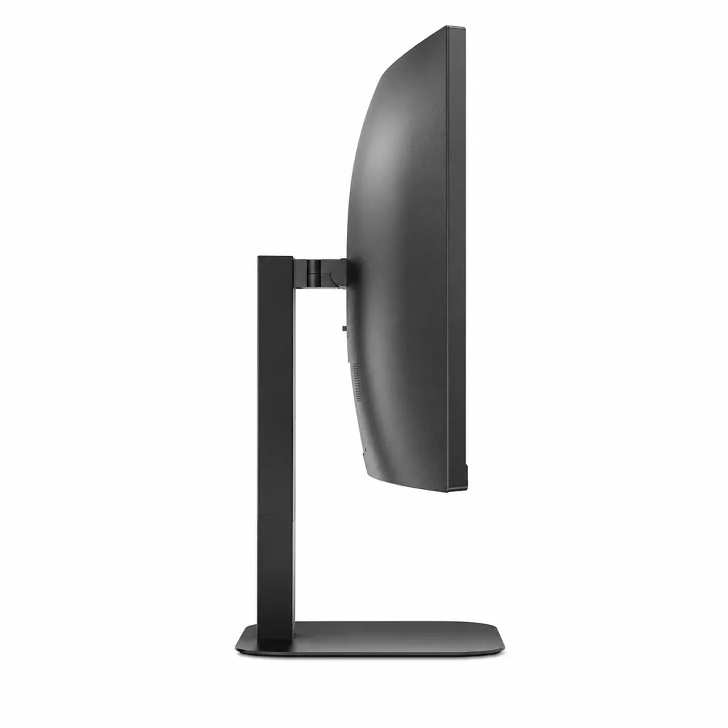 Left side profile of AOC CU34V5CW/BK 34-inch curved monitor highlighting the slim design, 1500R curved screen and height-adjustable stand.