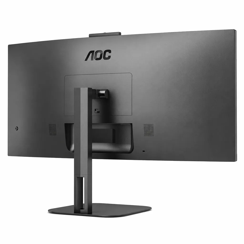 Rear left angle view of AOC CU34V5CW/BK UltraWide monitor featuring ergonomic stand, integrated speakers and VESA mount compatibility.