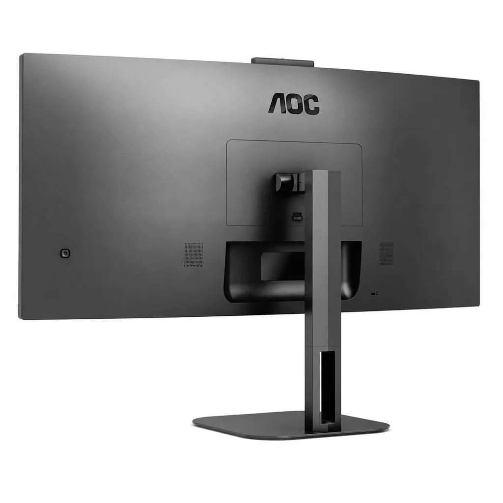 Rear right angle view of AOC CU34V5CW/BK curved business monitor showing ergonomic stand, cable management and rear panel design.
