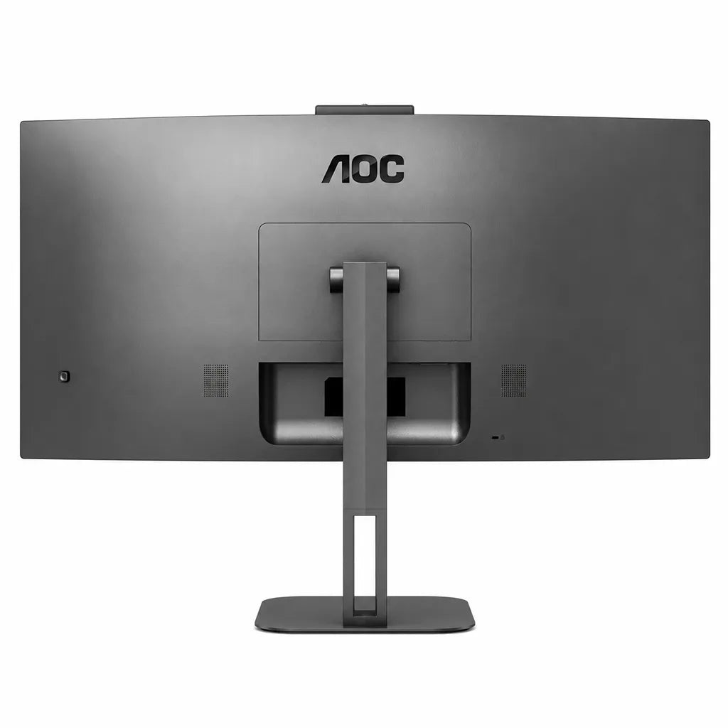 Rear view of AOC CU34V5CW/BK 34-inch UltraWide curved monitor with integrated webcam, ergonomic stand, VESA mount support and built-in speakers.