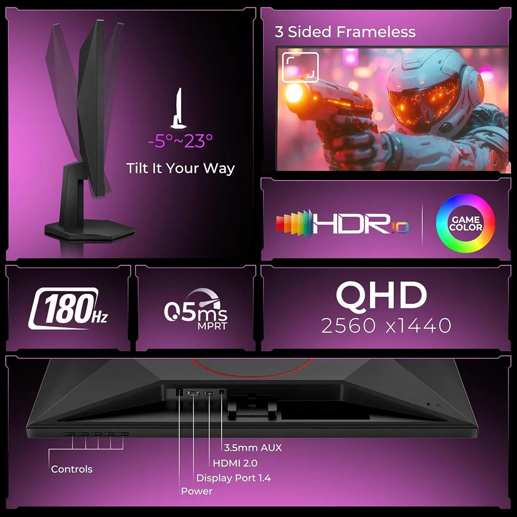 AOC Q27G11E 27 inch QHD Gaming Monitor Connectivity Ports and Ergonomic Tilt -tpstech.in