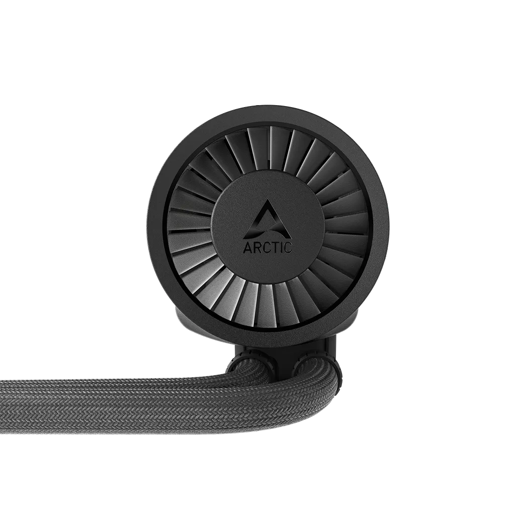 ARCTIC Liquid Freezer III Pro 240mm AIO CPU Liquid Cooler Black front view of CPU pump with braided tubes -tpstech.in