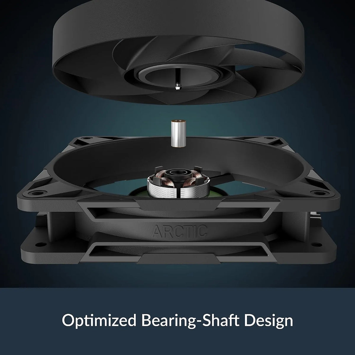 Exploded internal view of ARCTIC P12 Pro PWM 120mm fan showcasing optimized bearing and shaft motor design -tpstech.in