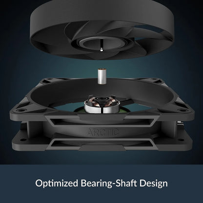 Exploded internal view of ARCTIC P12 Pro PWM 120mm fan showcasing optimized bearing and shaft motor design -tpstech.in