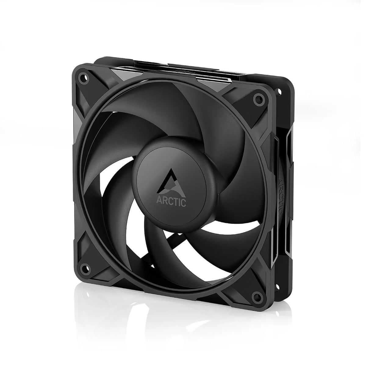 Standing perspective view of ARCTIC P12 Pro PWM 120mm CPU Case Fan in matte black finish -tpstech.in