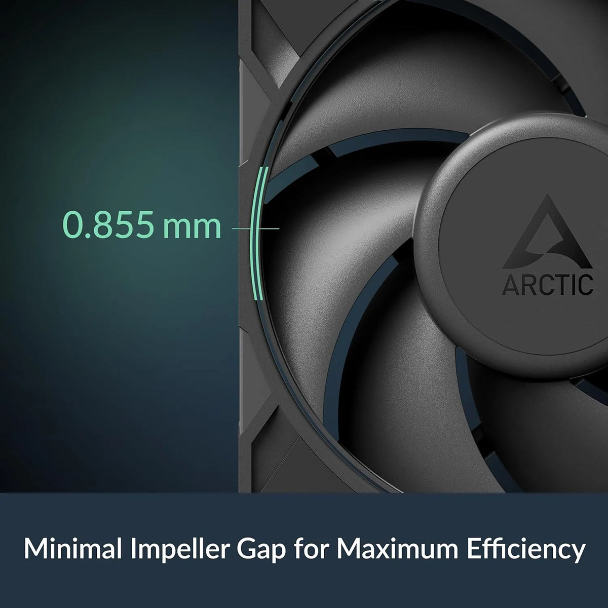 Detailed close up of 0.855 mm minimal impeller gap on ARCTIC P12 Pro PWM 120mm fan for maximum airflow efficiency -tpstech.in