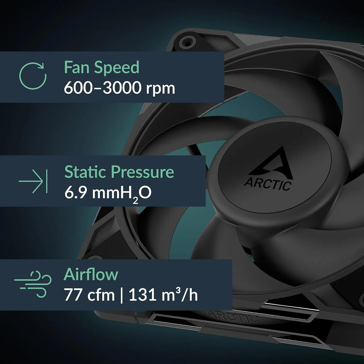 Performance specifications of ARCTIC P12 Pro PWM 120mm fan showing 3000 RPM speed, 6.9 mmH2O pressure, and 77 CFM airflow -tpstech.in