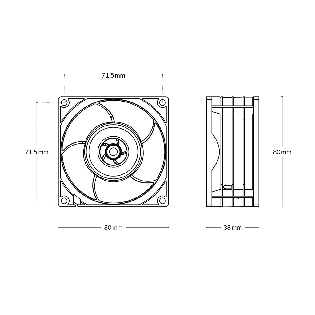 ARCTIC S8038-10K 80mm server fan dimensions showing 80 x 80 x 38 mm size and mounting measurements -tpstech.in