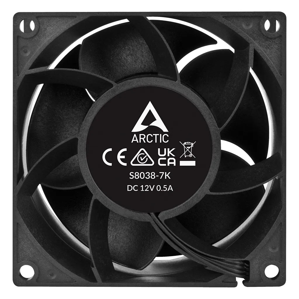 ARCTIC S8038-7K 80mm PWM server fan rear view showing product label and 4-pin PWM cable connection -tpstech.in