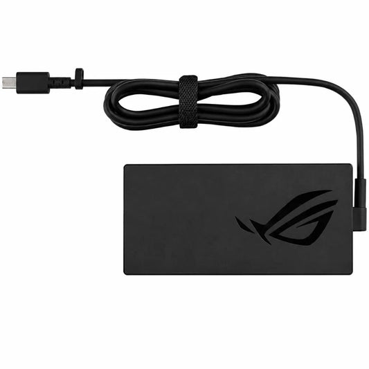 Top view of the ASUS 200W rectangular USB pin laptop power adapter with integrated charging cable and ASUS ROG branding.
