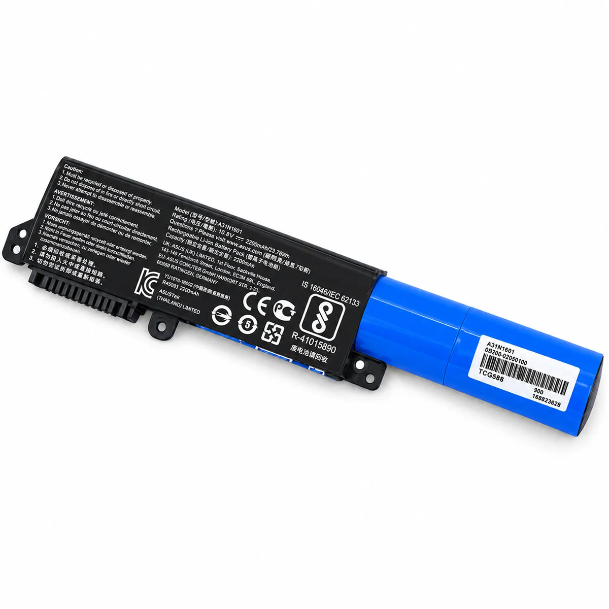 Asus A31N1601 Compatible Laptop Battery 23.76Whr 2200mAh 10.8V 3 Cell perspective view showing battery pins and certification marks -tpstech.in