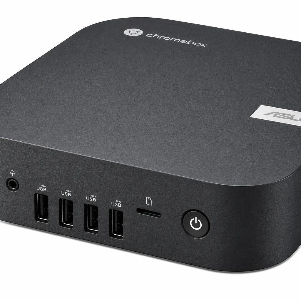 ASUS Chromebox 5A CHROMEBOX5A-S30105UN Intel Core i3-1315U Mini PC with Wi-Fi 6E showing front I/O ports in close left-angle view.