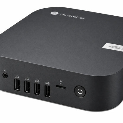ASUS Chromebox 5A CHROMEBOX5A-S30105UN Intel Core i3-1315U Mini PC with Wi-Fi 6E showing front I/O ports in close left-angle view.