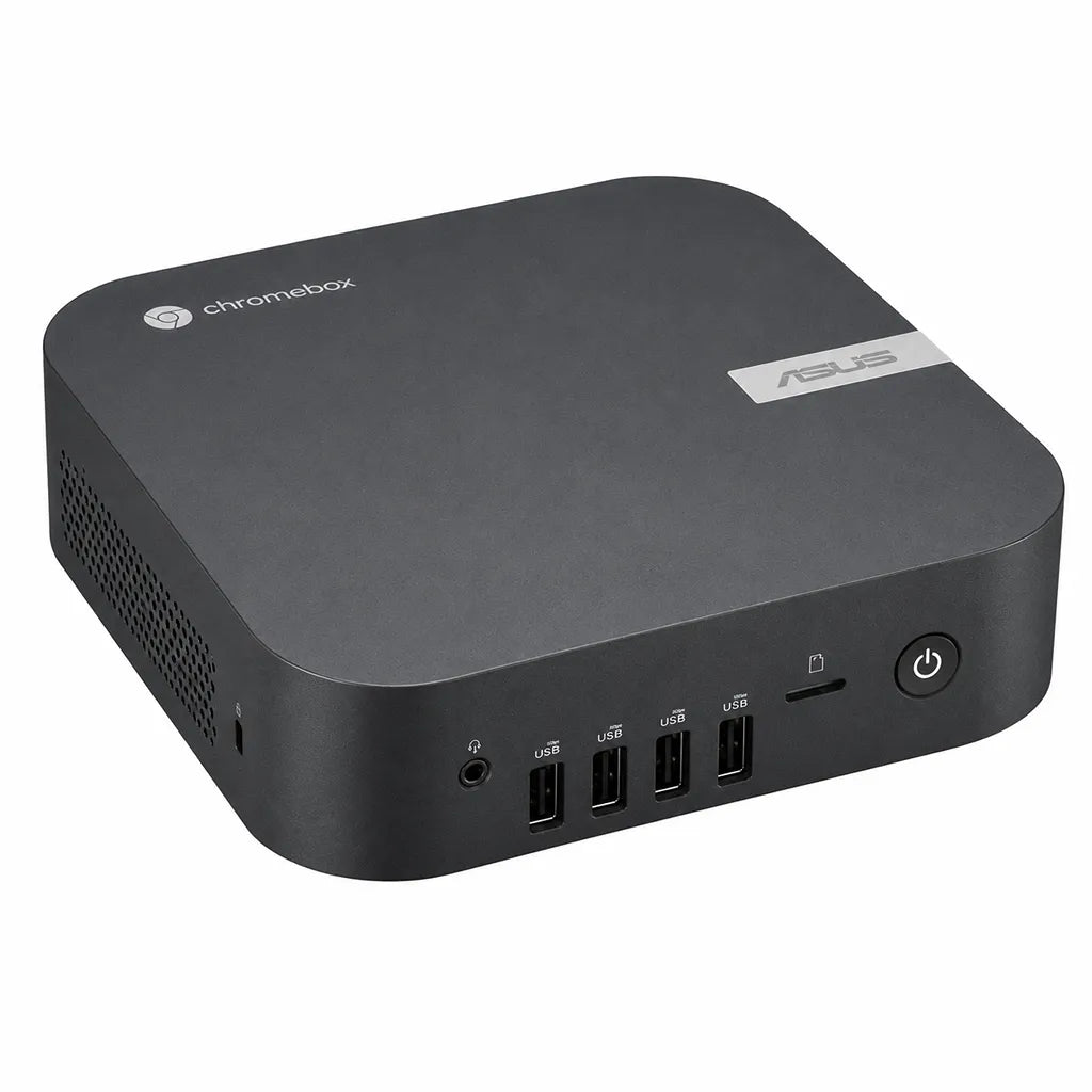 ASUS Chromebox 5A CHROMEBOX5A-S30105UN Intel Core i3-1315U Mini PC with Wi-Fi 6E in front left perspective featuring USB ports, audio jack, SD card slot, and power button.