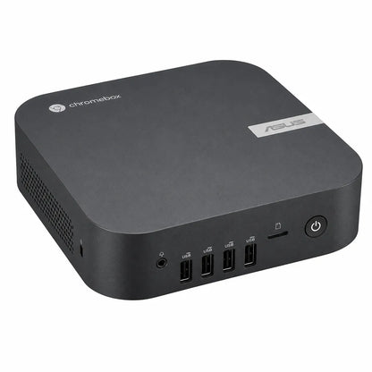 ASUS Chromebox 5A CHROMEBOX5A-S30105UN Intel Core i3-1315U Mini PC with Wi-Fi 6E in front left perspective featuring USB ports, audio jack, SD card slot, and power button.