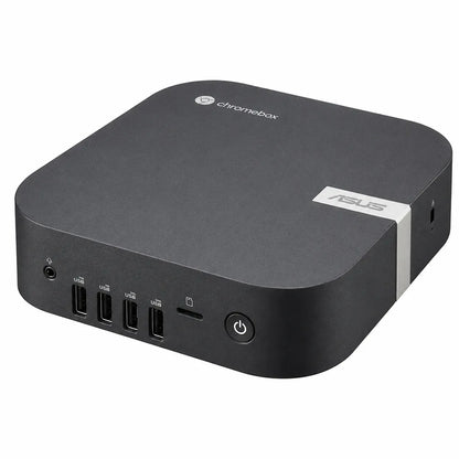 ASUS Chromebox 5A CHROMEBOX5A-S30105UN Intel Core i3-1315U Mini PC with Wi-Fi 6E in front right perspective showcasing its compact desktop design and front connectivity ports.