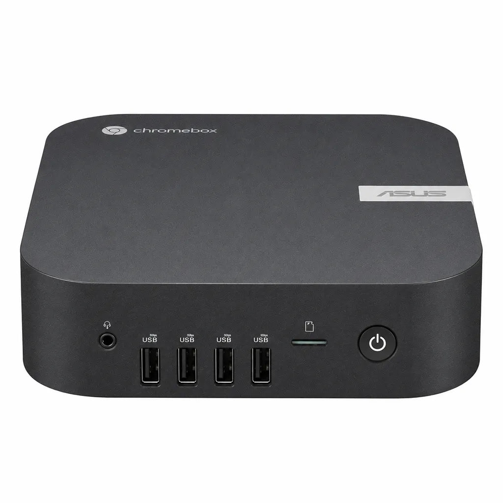 Front view of ASUS Chromebox 5A CHROMEBOX5A-S30105UN Intel Core i3-1315U Mini PC with Wi-Fi 6E featuring four USB ports, SD card reader, headphone jack, and power button.