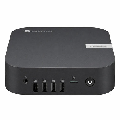 Front view of ASUS Chromebox 5A CHROMEBOX5A-S30105UN Intel Core i3-1315U Mini PC with Wi-Fi 6E featuring four USB ports, SD card reader, headphone jack, and power button.