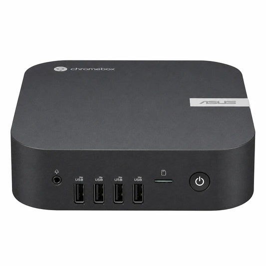 Front view of ASUS Chromebox 5A CHROMEBOX5A-S30105UN Intel Core i3-1315U Mini PC with Wi-Fi 6E featuring four USB ports, SD card reader, headphone jack, and power button.