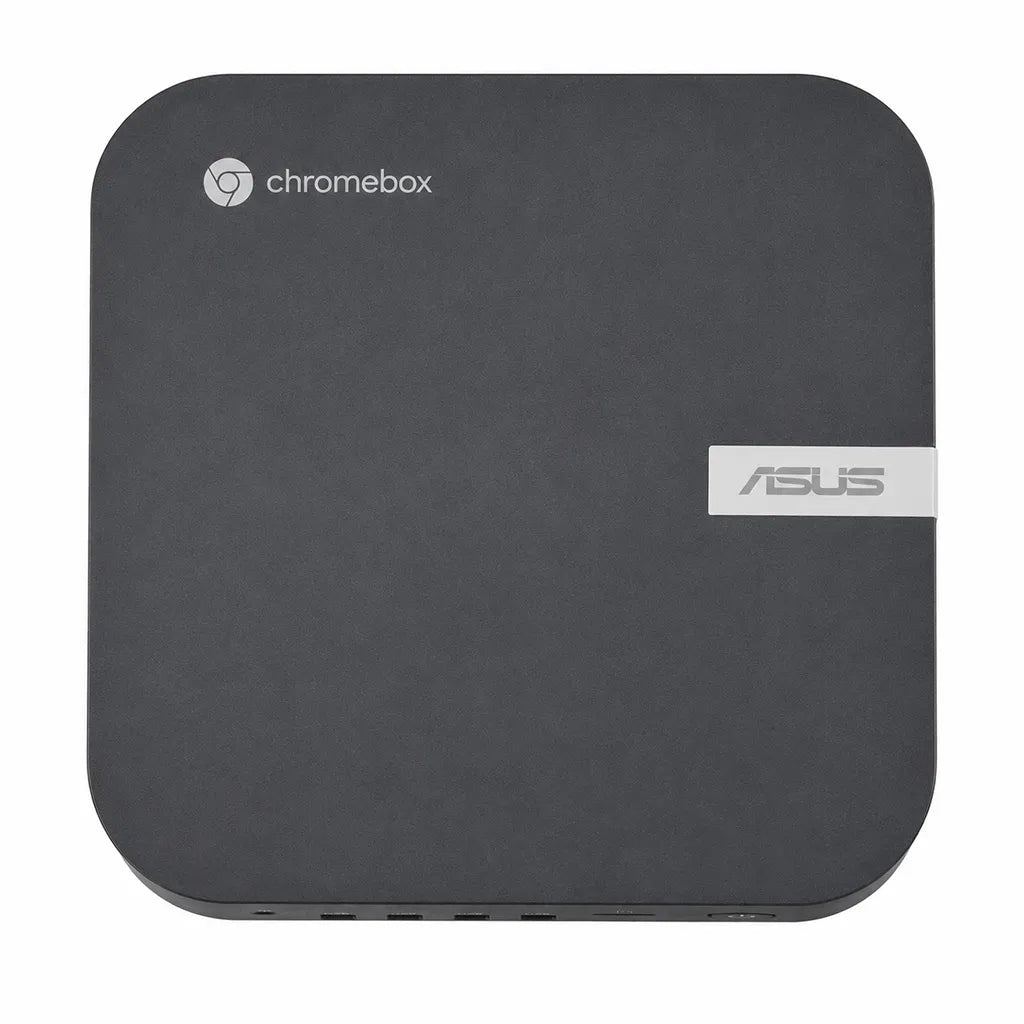 Top view of ASUS Chromebox 5A CHROMEBOX5A-S30105UN Intel Core i3-1315U Mini PC with Wi-Fi 6E showing ASUS branding and compact design.