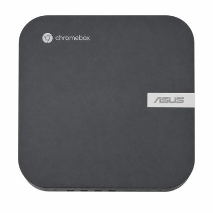 Top view of ASUS Chromebox 5A CHROMEBOX5A-S30105UN Intel Core i3-1315U Mini PC with Wi-Fi 6E showing ASUS branding and compact design.