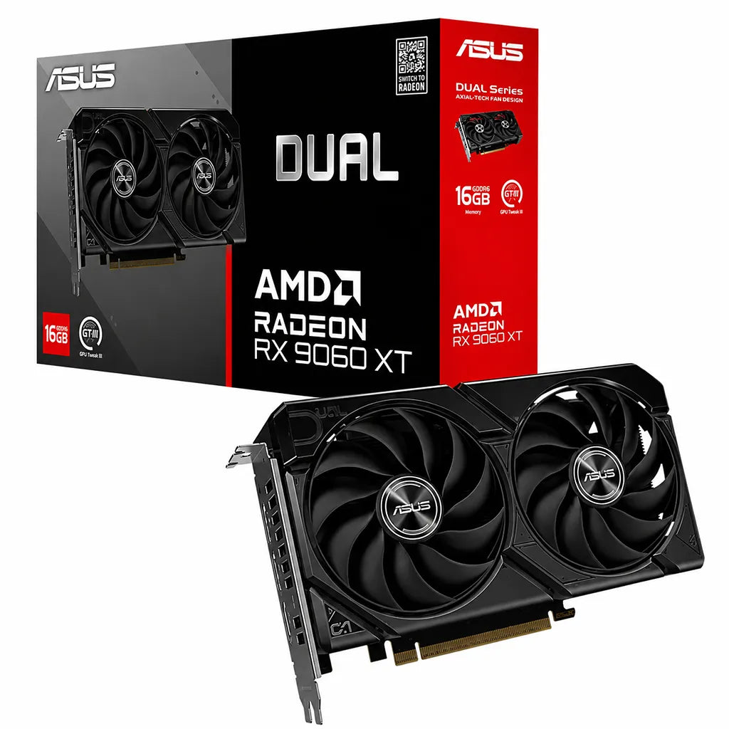 ASUS Dual Radeon RX 9060 XT 16GB GDDR6 PCIe 5.0 graphics card with retail box on a white background.