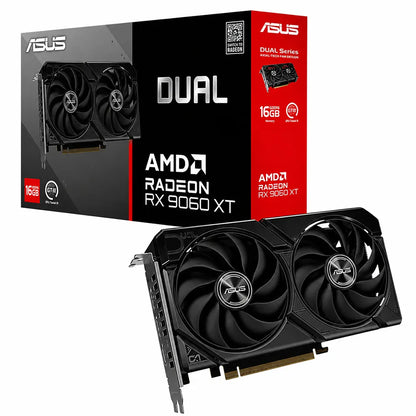 ASUS Dual Radeon RX 9060 XT 16GB GDDR6 PCIe 5.0 graphics card with retail box on a white background.