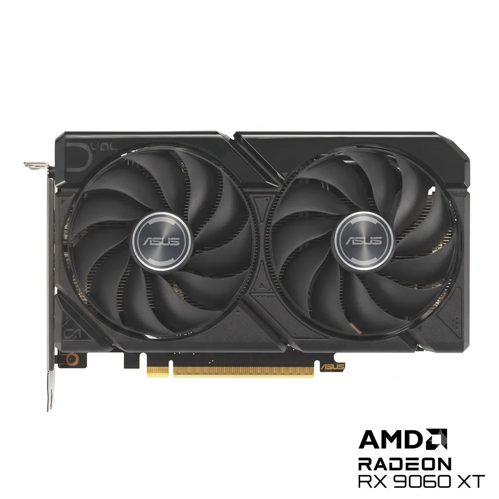 Front view of the ASUS Dual Radeon RX 9060 XT 16GB GDDR6 PCIe 5.0 graphics card with dual axial-tech fans.