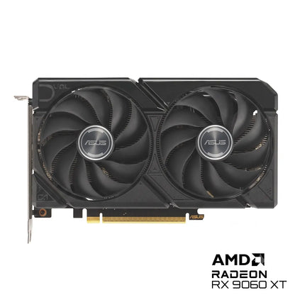 Front view of the ASUS Dual Radeon RX 9060 XT 16GB GDDR6 PCIe 5.0 graphics card with dual axial-tech fans.