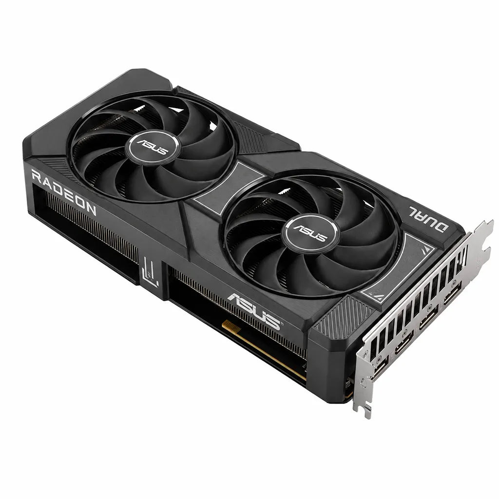 Opposite angled view of the ASUS Dual Radeon RX 9060 XT 16GB GDDR6 PCIe 5.0 graphics card showing dual-fan cooling design.