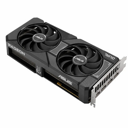 Opposite angled view of the ASUS Dual Radeon RX 9060 XT 16GB GDDR6 PCIe 5.0 graphics card showing dual-fan cooling design.
