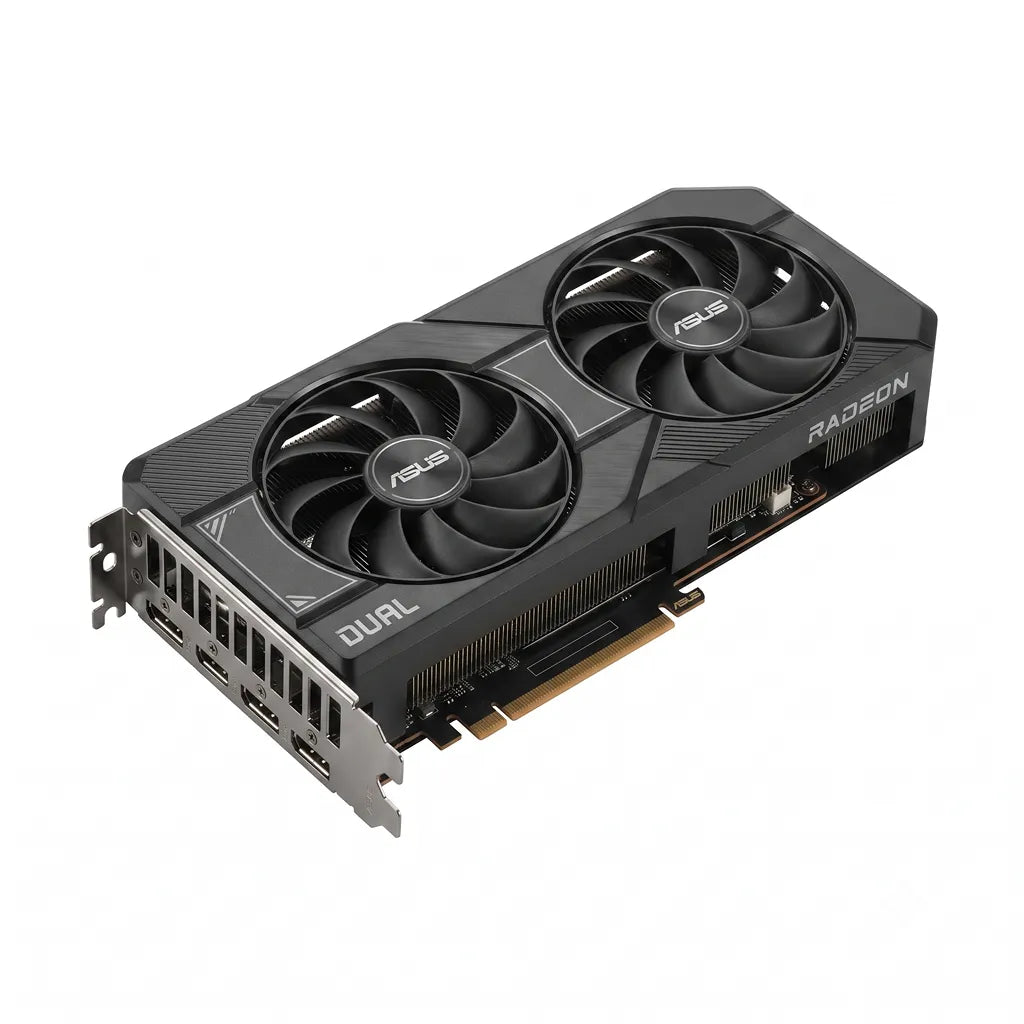 Top left angled view of the ASUS Dual Radeon RX 9060 XT 16GB GDDR6 PCIe 5.0 graphics card with dual-fan cooling system.