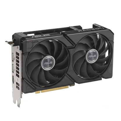 Top right angled view of the ASUS Dual Radeon RX 9060 XT 16GB GDDR6 PCIe 5.0 graphics card showing PCIe interface and cooling design.