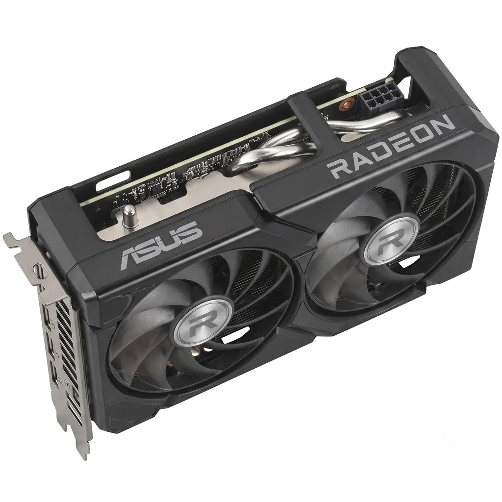 Top view of the ASUS Dual Radeon RX 9060 XT 16GB GDDR6 PCIe 5.0 graphics card highlighting Radeon branding and heatsink.