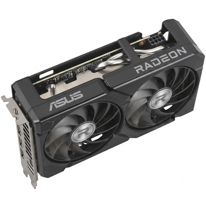 Top view of the ASUS Dual Radeon RX 9060 XT 16GB GDDR6 PCIe 5.0 graphics card highlighting Radeon branding and heatsink.