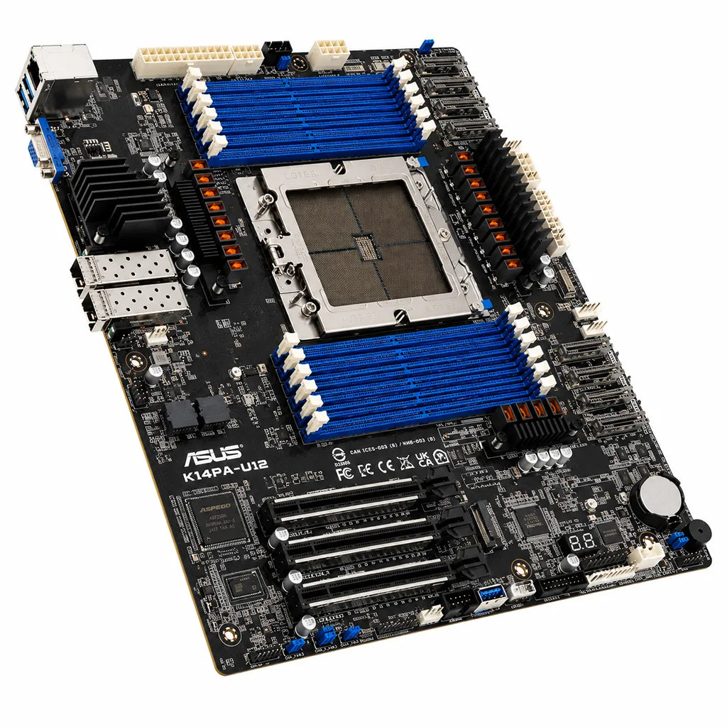 Isometric view of the ASUS K14PA-U12/ASMB11 AMD EPYC 9004 Socket SP5 DDR5 CEB Server Motherboard highlighting CPU socket, memory slots, PCIe connectivity, and enterprise server design.