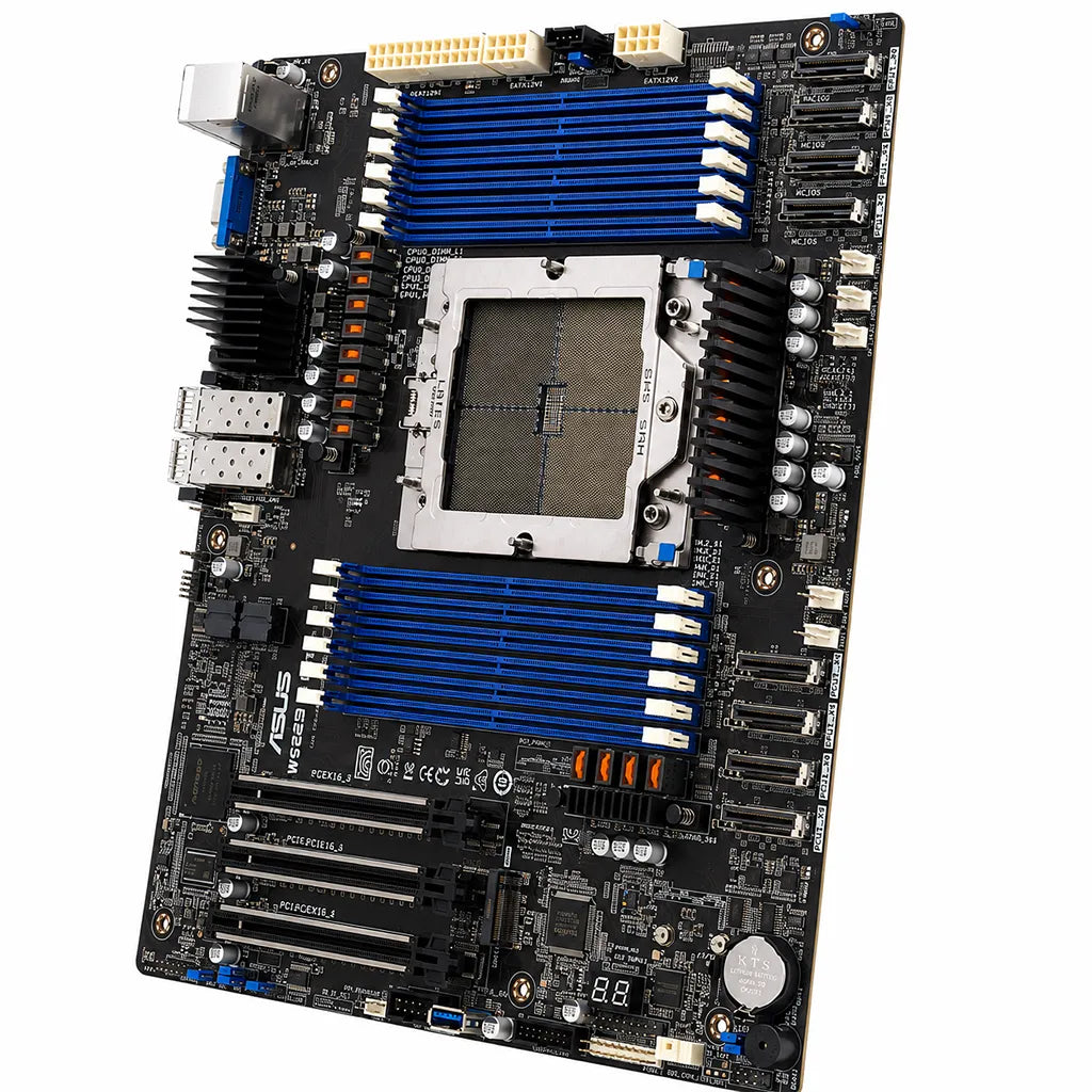 Angled view of the ASUS K14PA-U12/ASMB11 AMD EPYC 9004 Socket SP5 DDR5 CEB Server Motherboard with DDR5 DIMM slots, Socket SP5 CPU socket, PCIe expansion slots, and onboard heatsinks.
