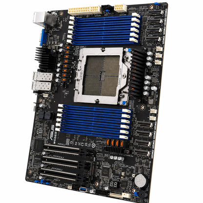 Angled view of the ASUS K14PA-U12/ASMB11 AMD EPYC 9004 Socket SP5 DDR5 CEB Server Motherboard with DDR5 DIMM slots, Socket SP5 CPU socket, PCIe expansion slots, and onboard heatsinks.