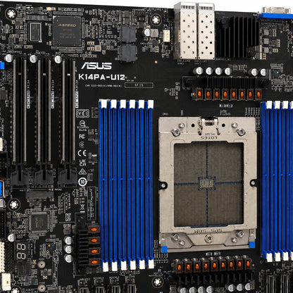Close-up of the ASUS K14PA-U12/ASMB11 AMD EPYC 9004 Socket SP5 DDR5 CEB Server Motherboard featuring Socket SP5, DDR5 memory slots, PCIe expansion slots, and onboard networking components.