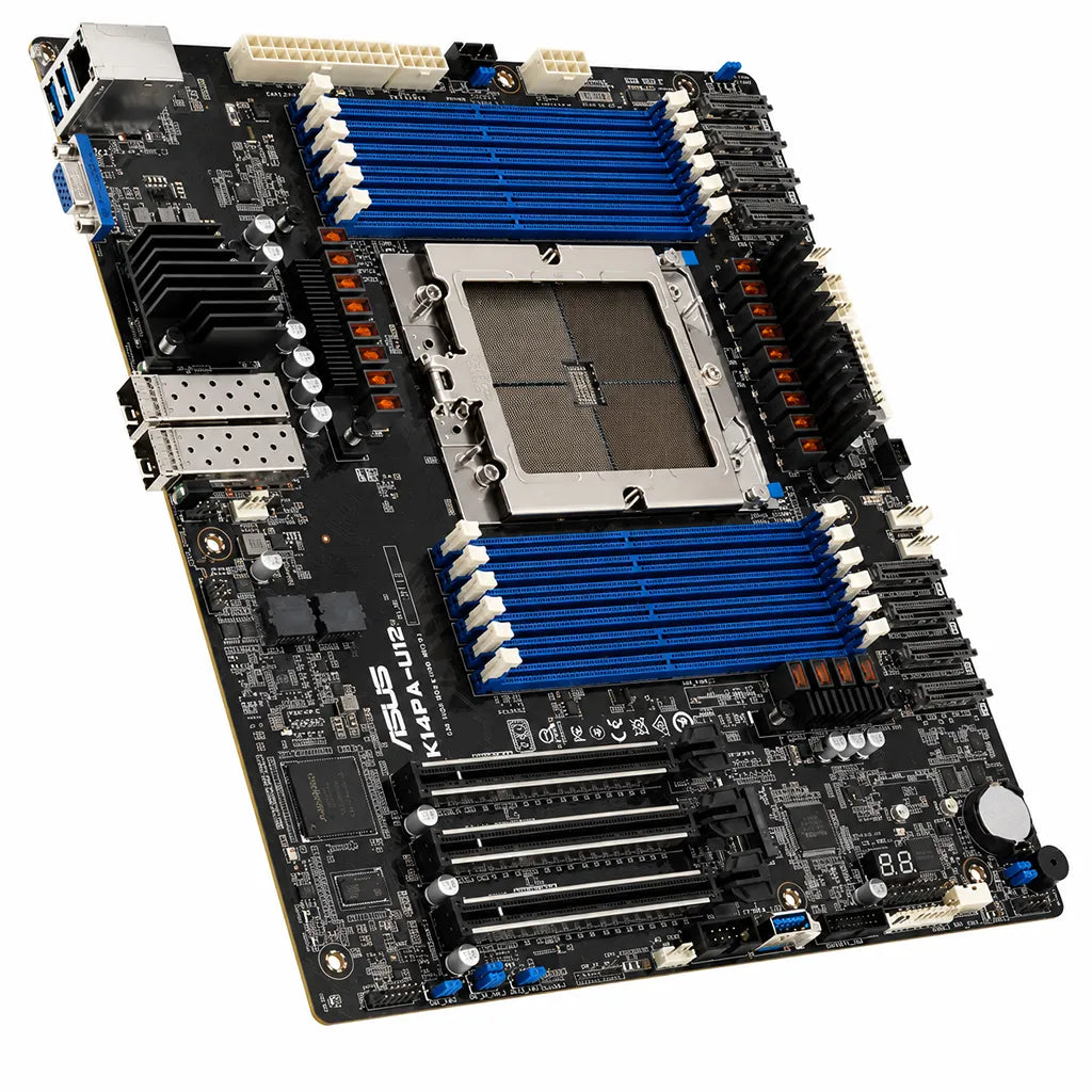 Perspective view of the ASUS K14PA-U12/ASMB11 server motherboard with AMD EPYC 9004 Socket SP5 support, DDR5 DIMM slots, PCIe expansion slots, and integrated cooling heatsinks.