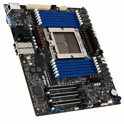 Perspective view of the ASUS K14PA-U12/ASMB11 server motherboard with AMD EPYC 9004 Socket SP5 support, DDR5 DIMM slots, PCIe expansion slots, and integrated cooling heatsinks.