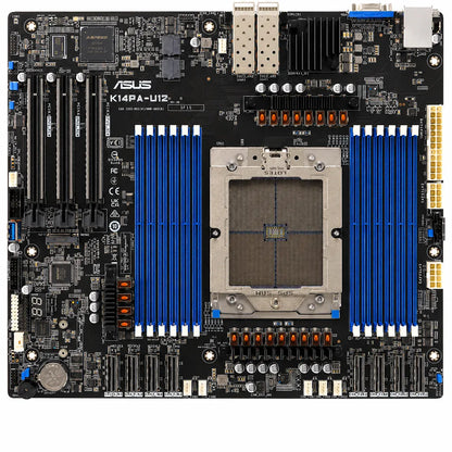 Top view of the ASUS K14PA-U12/ASMB11 AMD EPYC 9004 Socket SP5 DDR5 CEB Server Motherboard showing Socket SP5, DDR5 memory slots, PCIe slots, dual SFP ports, and server-grade layout.