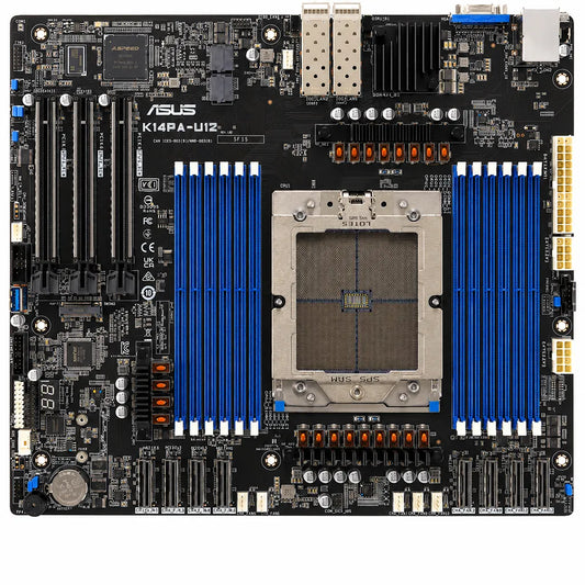 Top view of the ASUS K14PA-U12/ASMB11 AMD EPYC 9004 Socket SP5 DDR5 CEB Server Motherboard showing Socket SP5, DDR5 memory slots, PCIe slots, dual SFP ports, and server-grade layout.